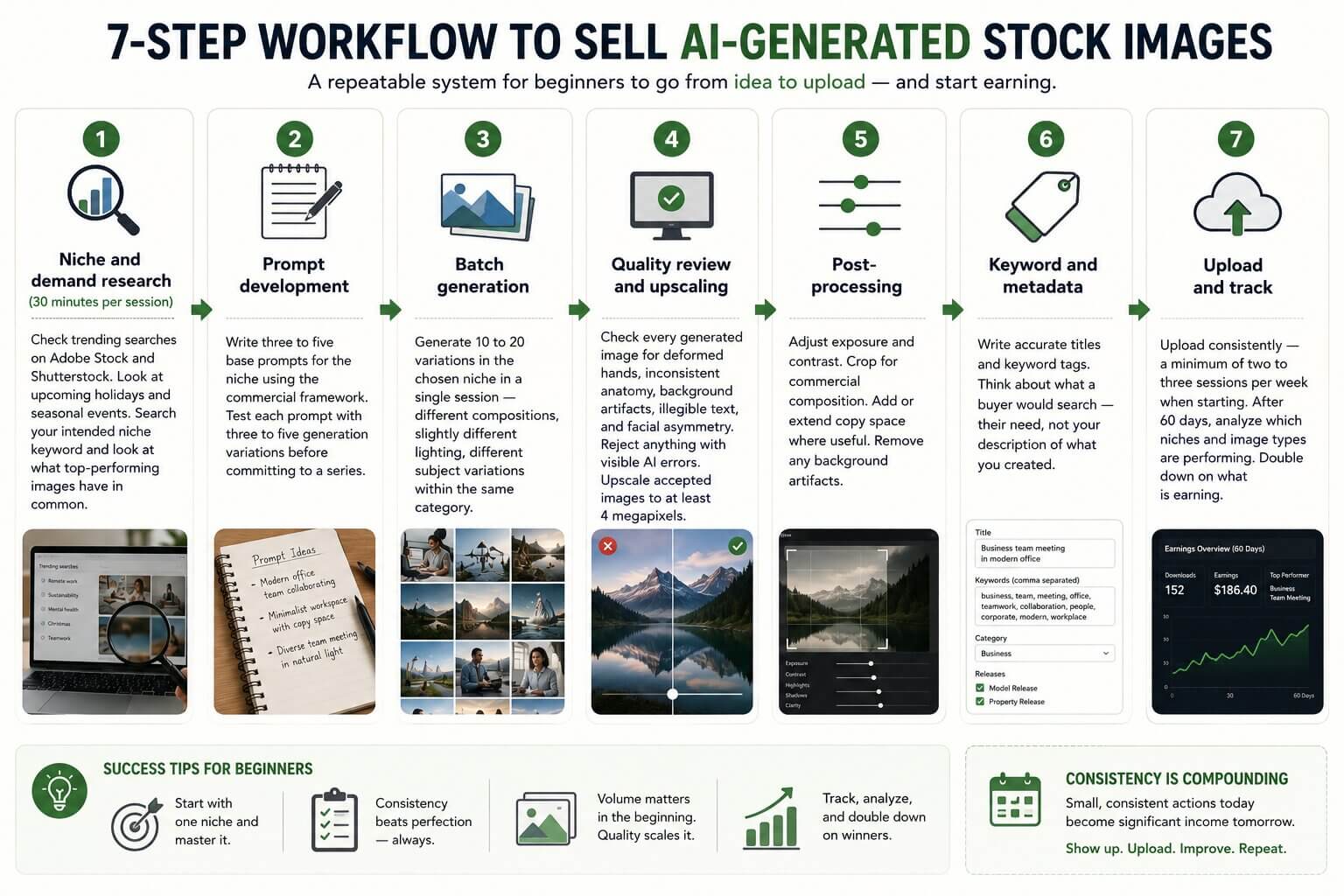 Seven-step beginner workflow for selling AI-generated stock images from idea to upload
