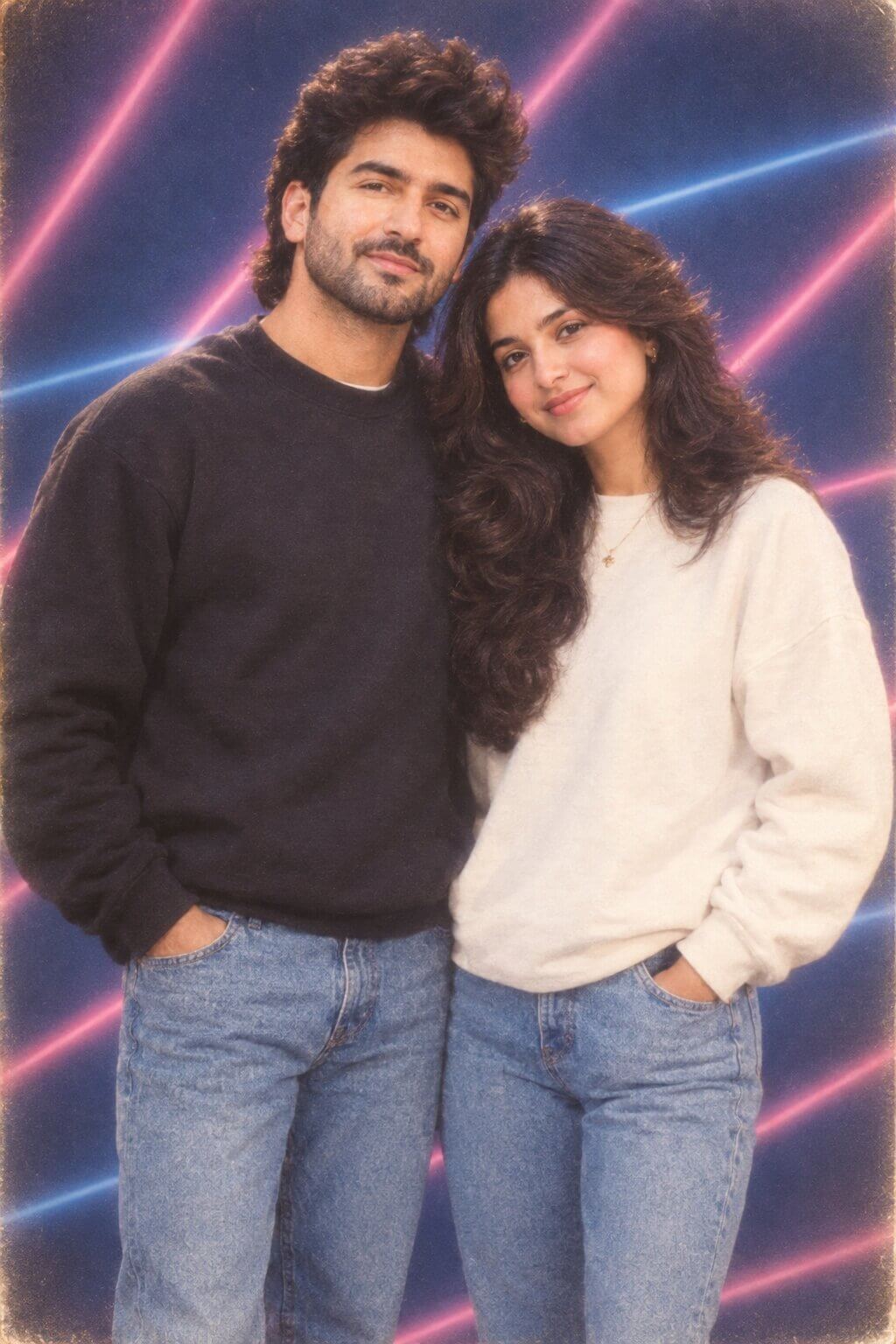 Finished 1980s mall studio portrait with a laser-grid backdrop