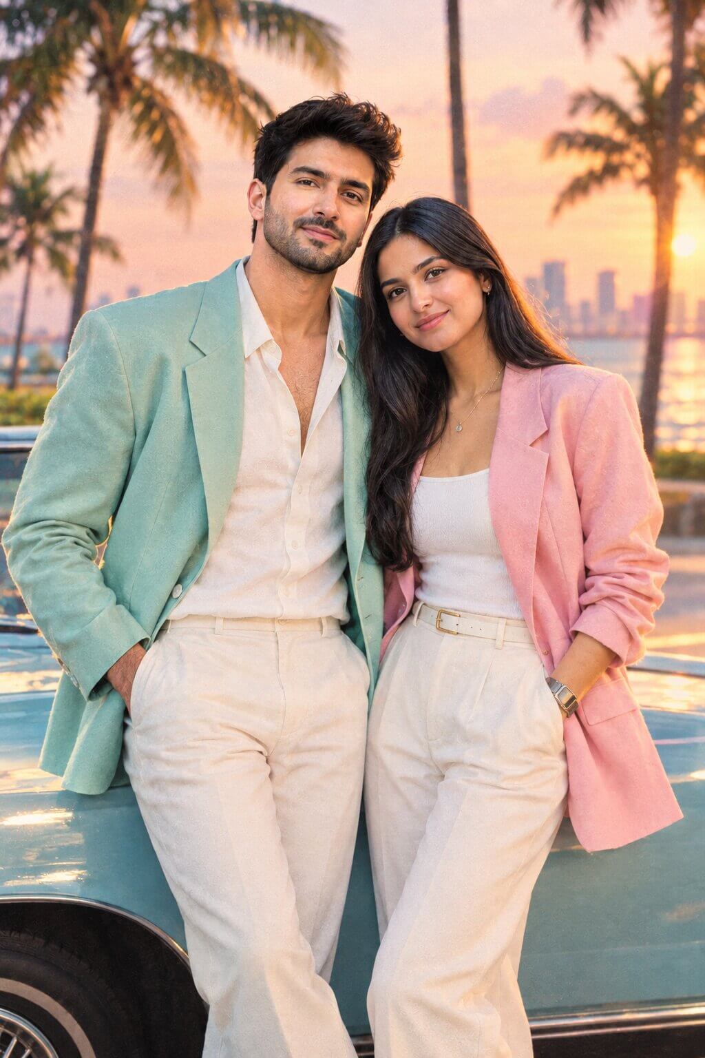 Golden-hour lighting detail shot from the Miami Vice pastel style