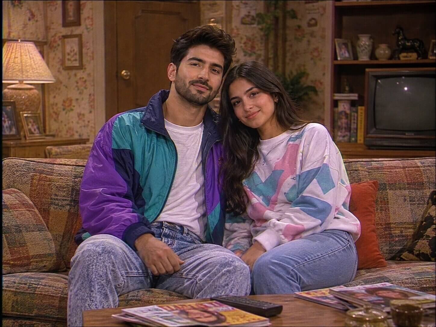 Finished 1980s sitcom-style cameo result on a living room set