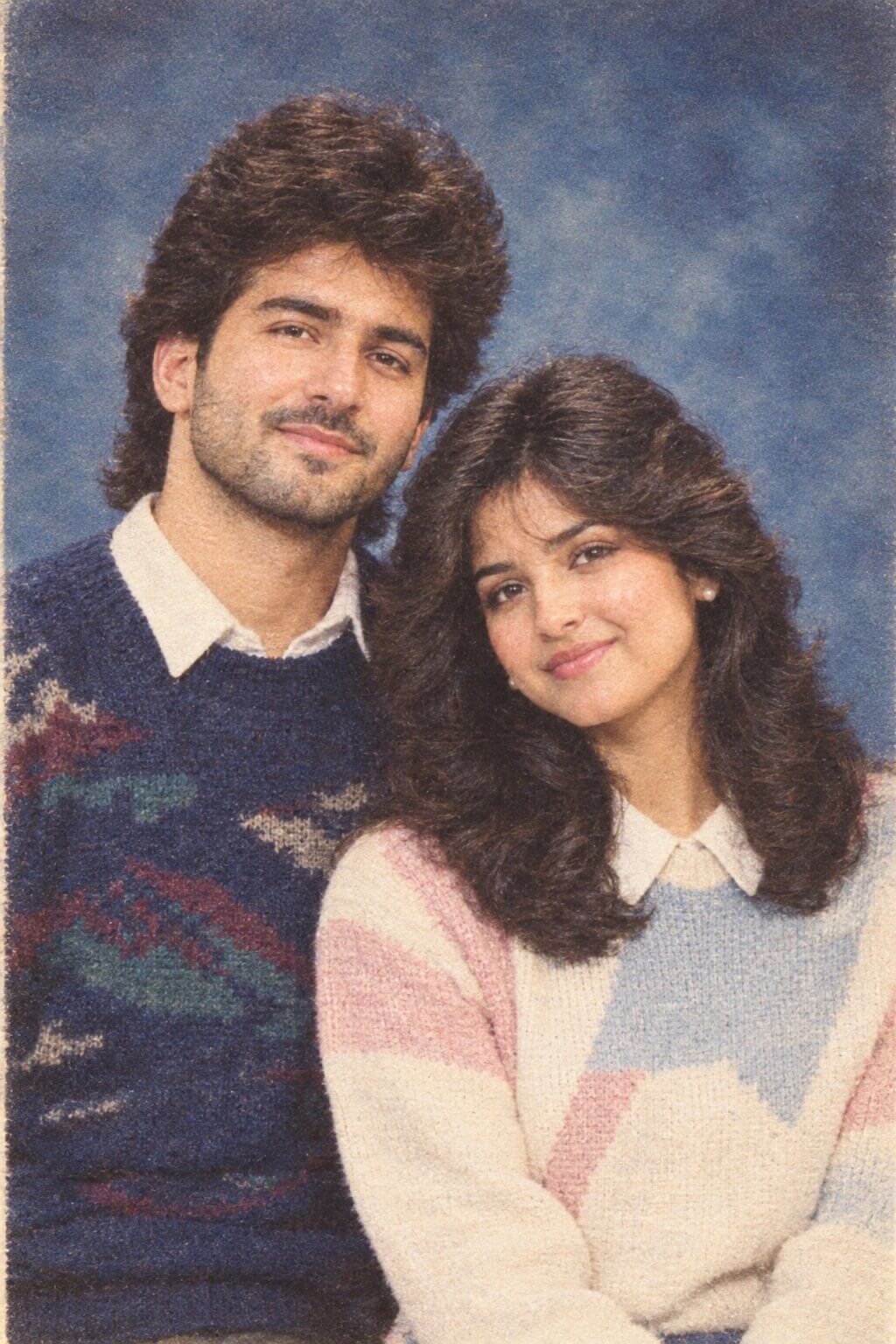 Finished 1980s yearbook-style portrait with feathered hair and a mottled backdrop