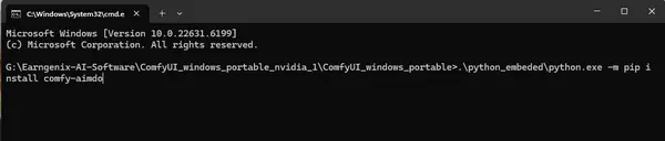 Windows command prompt showing the pip install comfy-aimdo command running successfully in the ComfyUI portable folder