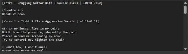 ACE-Step 1.5 workflow showing the lyrics input field with example song lyrics entered