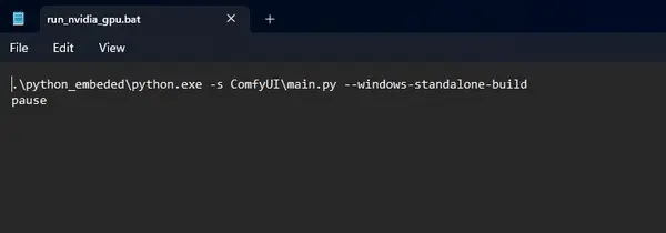 run_nvidia_gpu.bat file opened in Notepad showing the correct launch command without --lowvram flag
