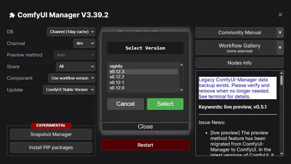 ComfyUI Manager showing the Switch ComfyUI option for updating to the latest version
