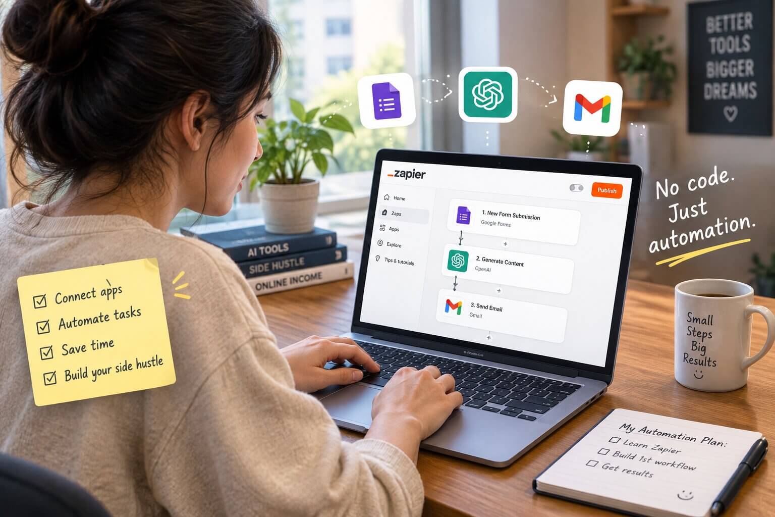 A beginner building a no-code AI automation workflow on a laptop using Zapier