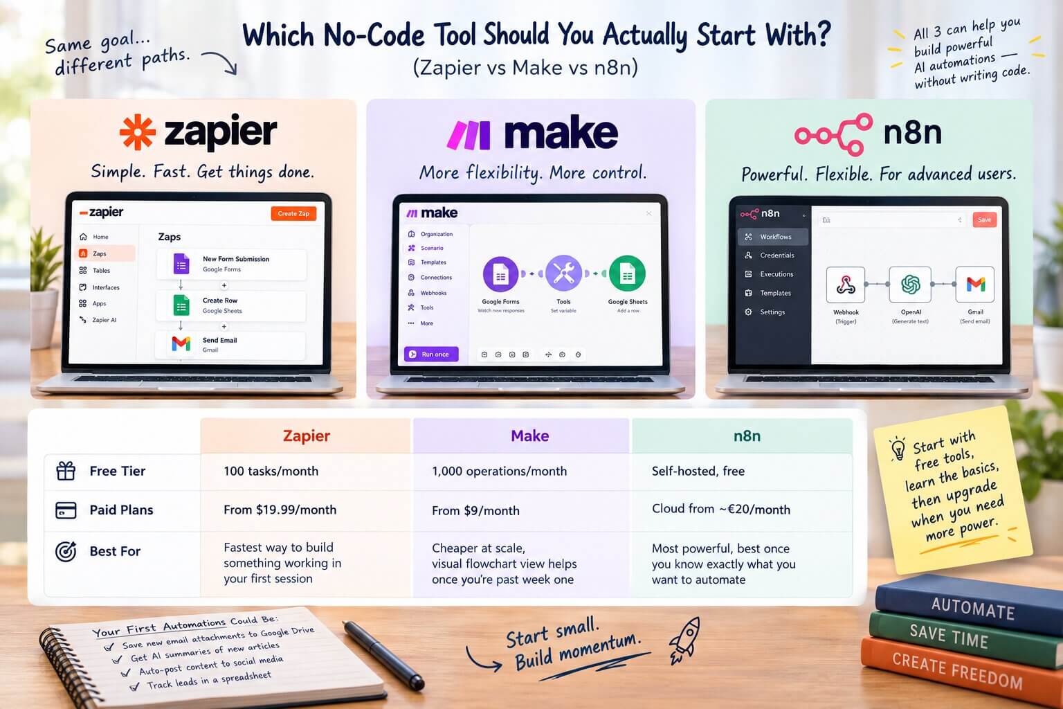Side-by-side comparison of Zapier, Make, and n8n automation builder interfaces