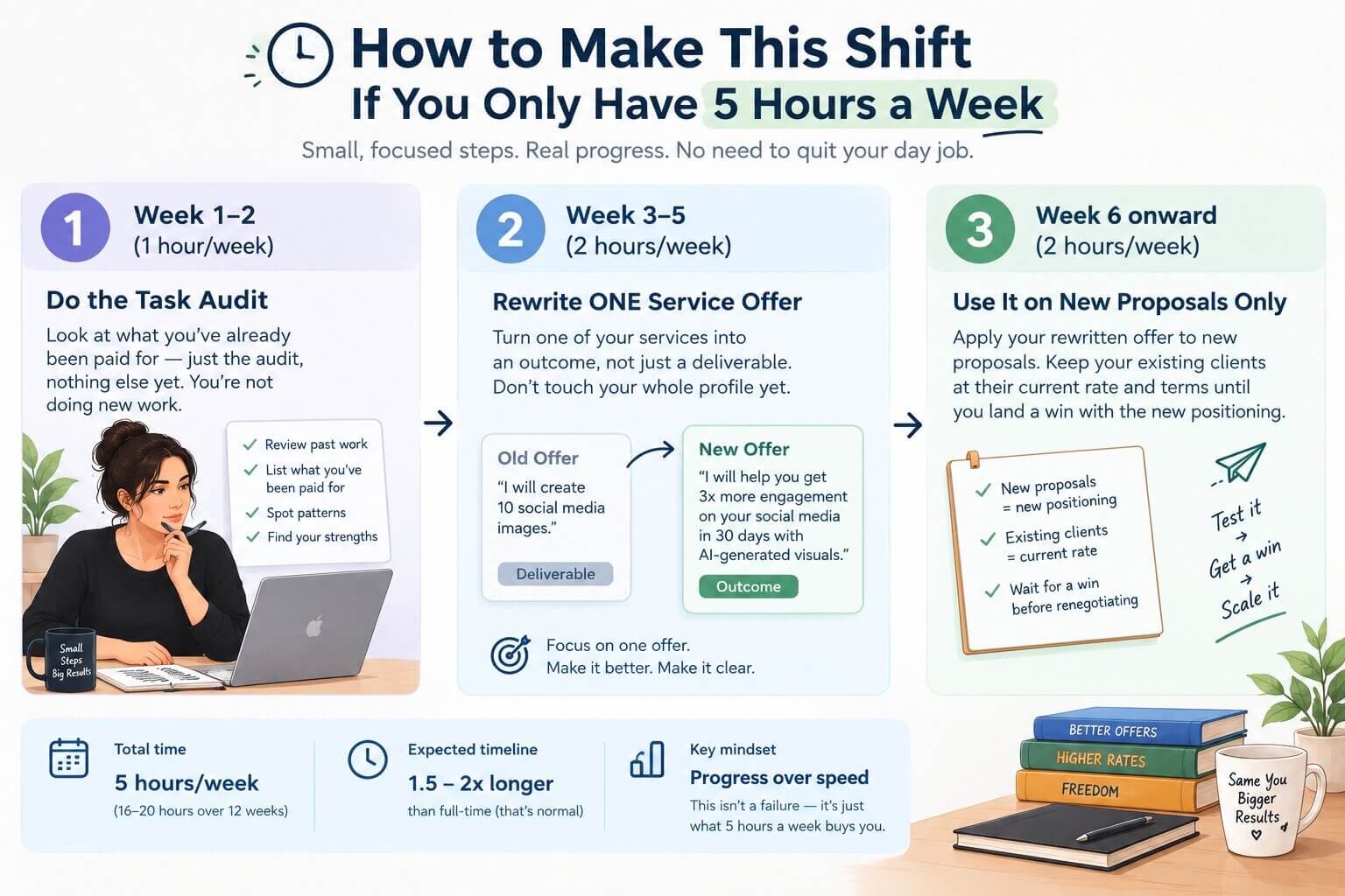 Weekly schedule breakdown for a freelancer with 5 hours a week to build AI freelance income