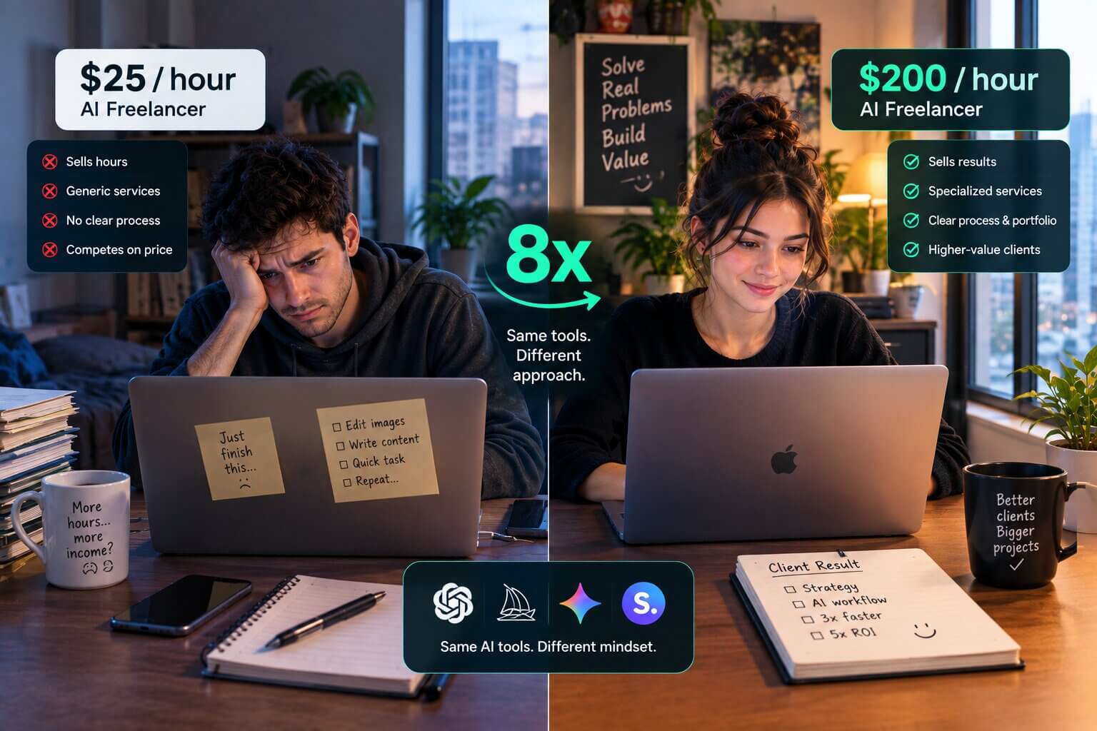 Illustration of two freelancers comparing $25 an hour and $200 an hour AI freelance work