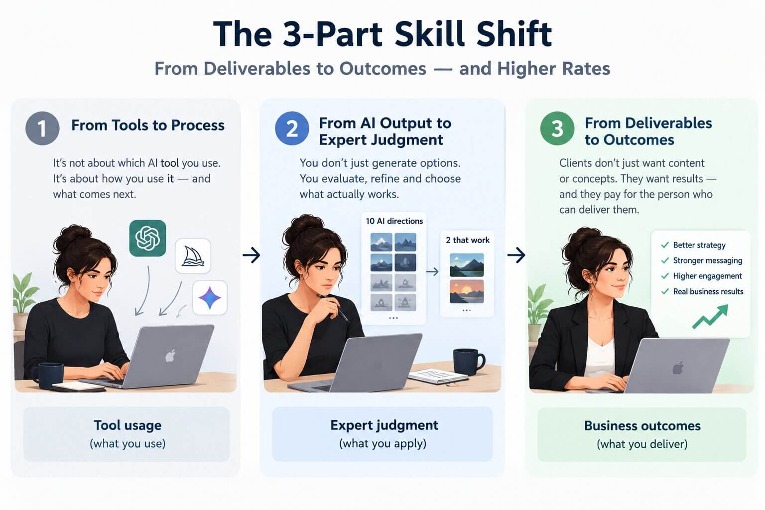 Diagram showing the 3-part skill shift from deliverables to outcomes for AI freelancers