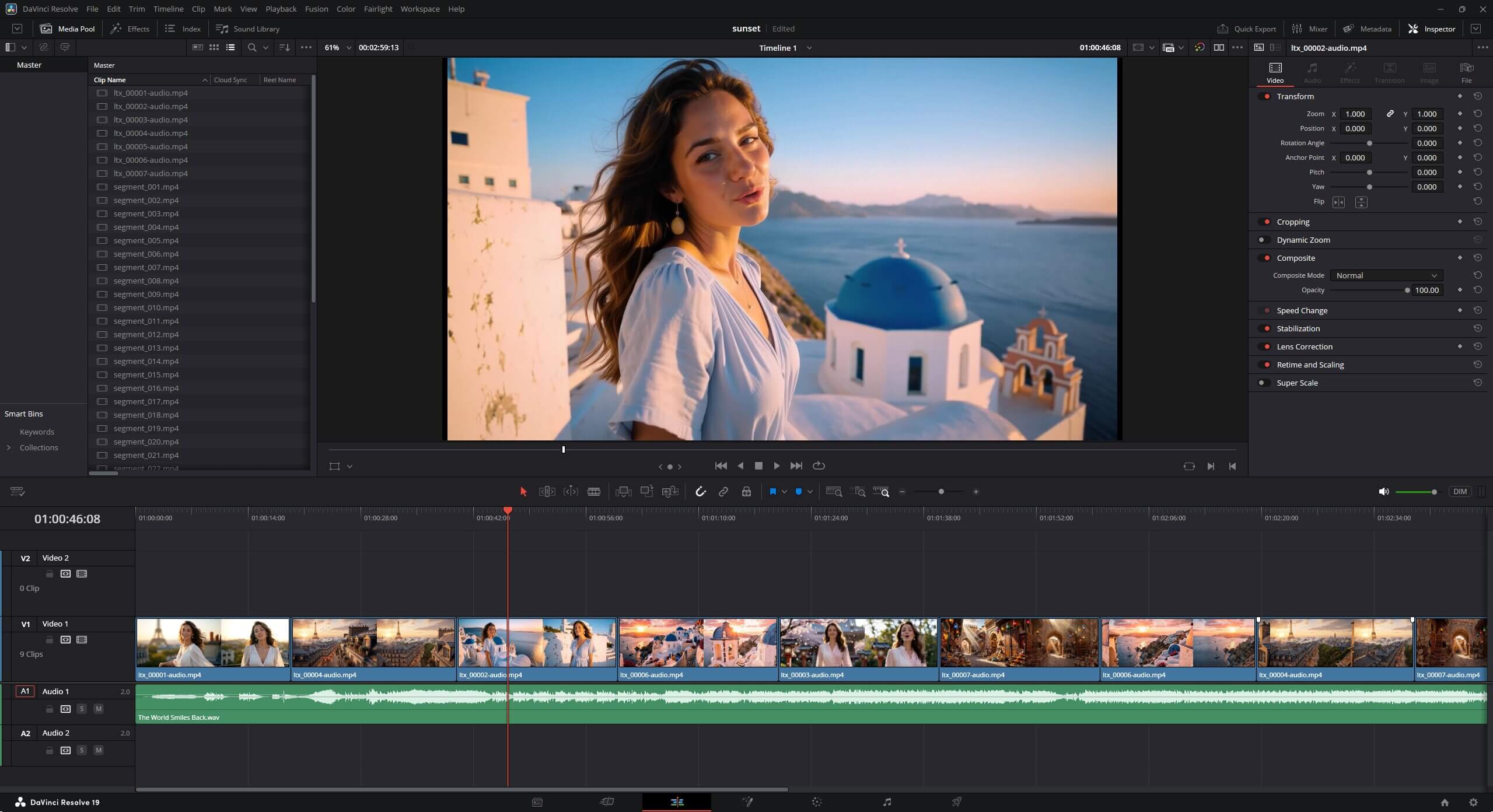 Clips and song lined up on the timeline in DaVinci Resolve