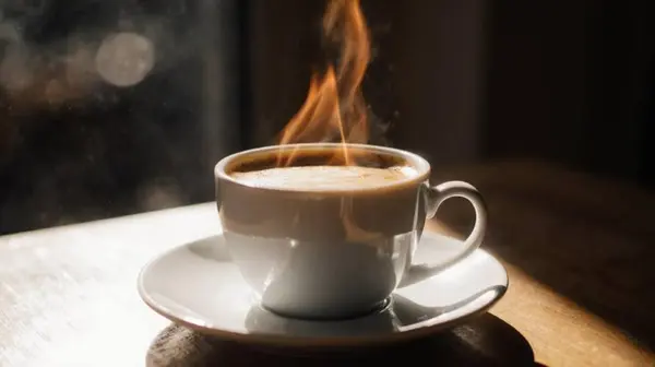 AI-generated image from a detailed prompt — realistic photo of hot coffee on a wooden table with morning sunlight and shallow depth of field