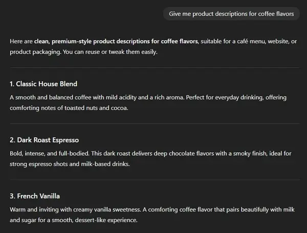 ChatGPT output for a product description prompt with no examples — generic, plain coffee flavor descriptions