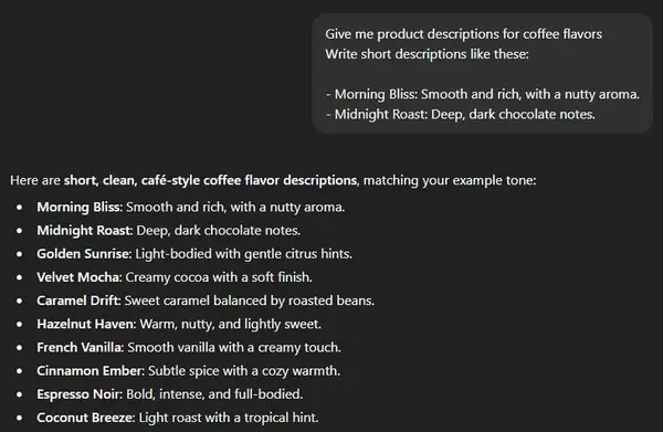 ChatGPT output for a product description prompt with example samples — consistent, branded coffee flavor descriptions matching the given style