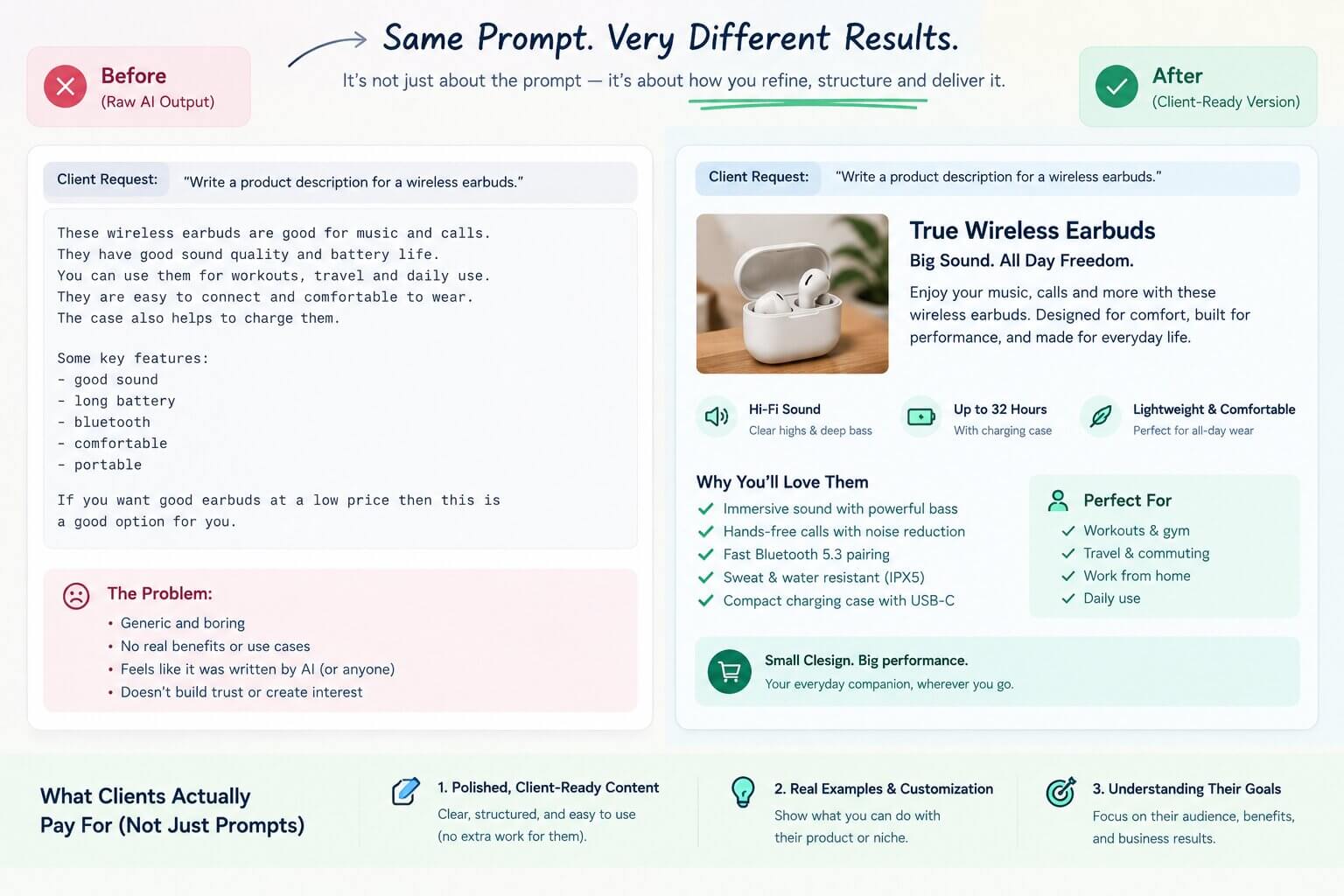 A before-and-after comparison of a messy AI-generated product description versus a polished, client-ready version