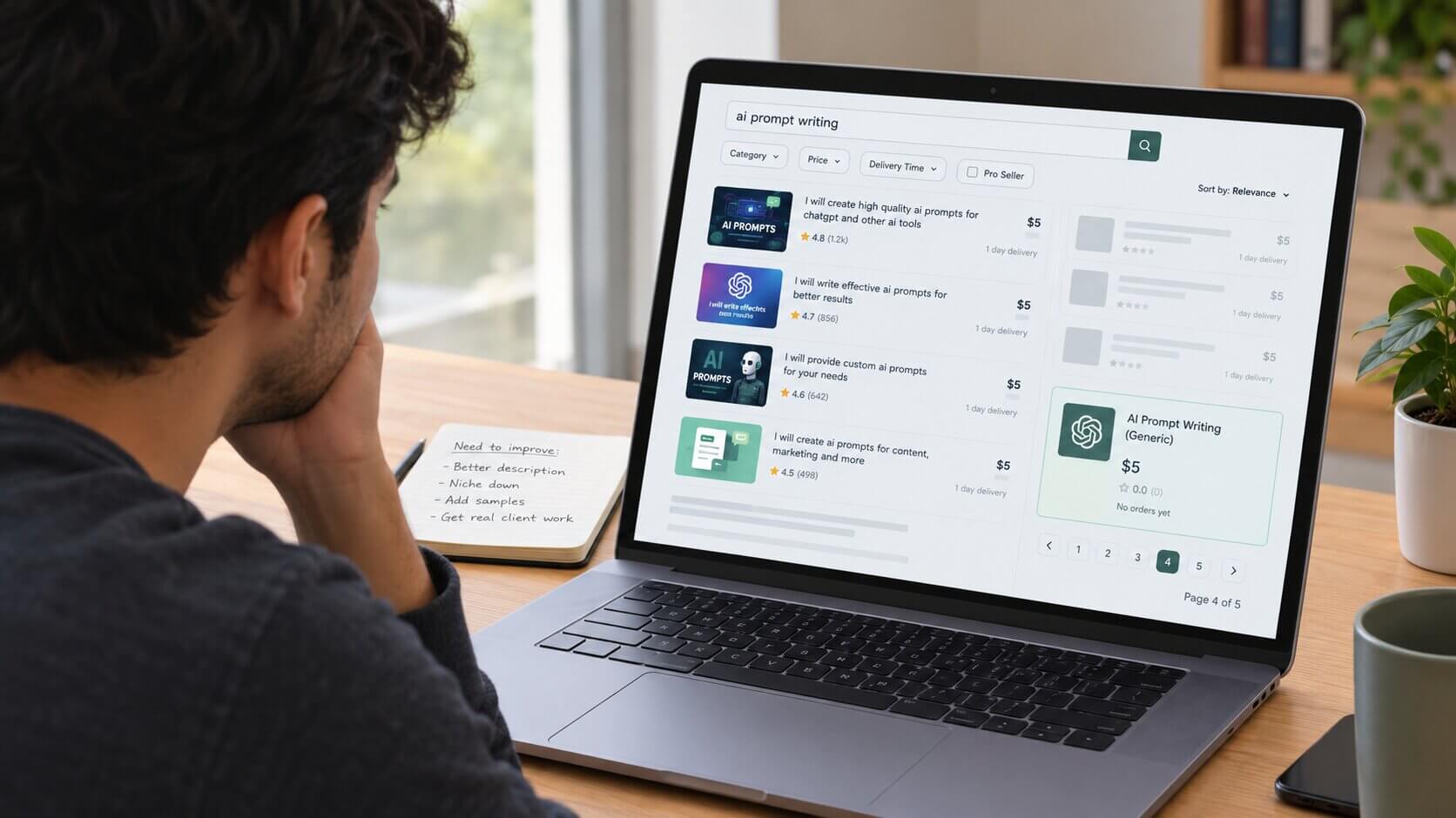 A freelancer checking a Fiverr gig dashboard showing zero orders on an AI prompt writing listing