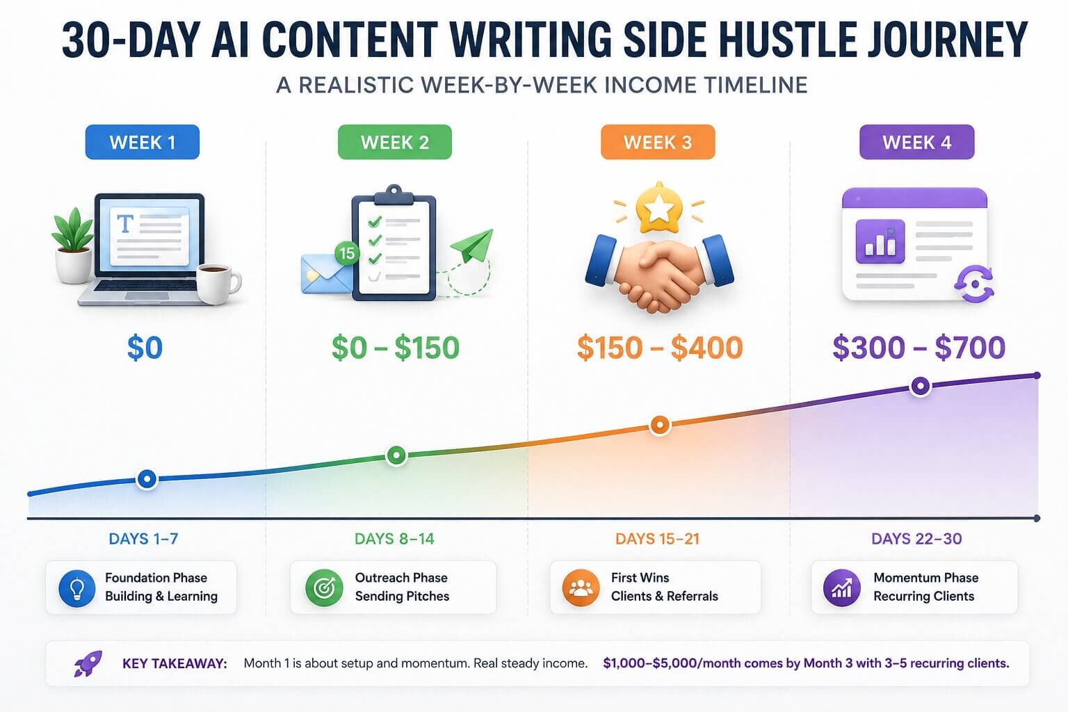 A week-by-week timeline chart showing realistic income growth from $0 to $700 over a 30-day AI side hustle ramp-up