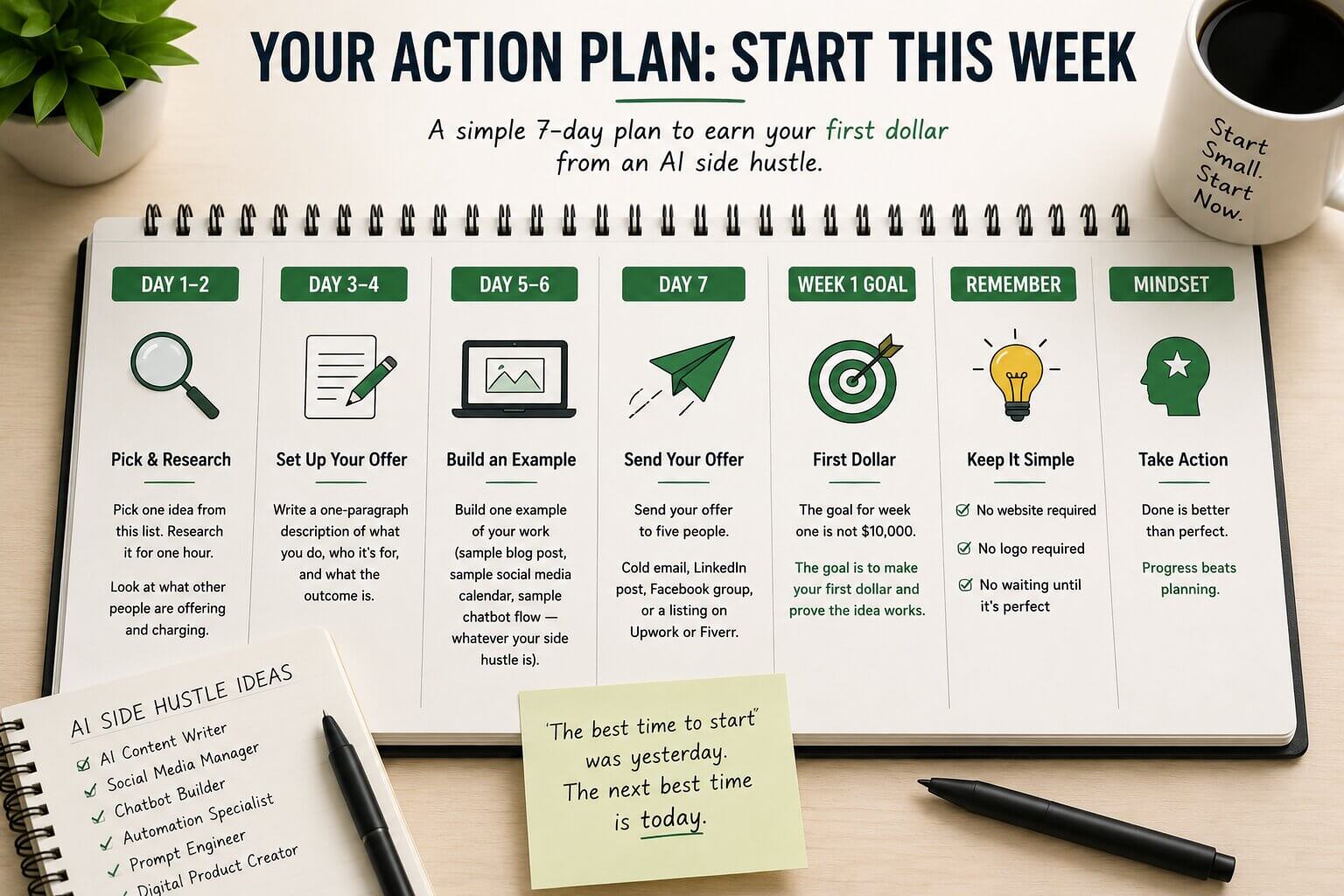 A simple weekly planner showing a 7-day AI side hustle action plan