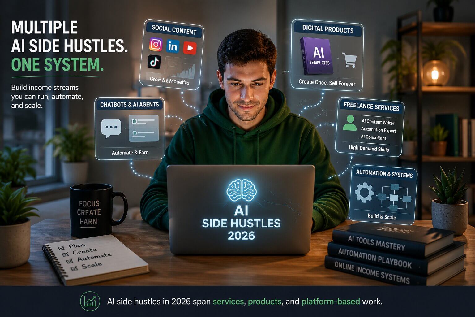 Illustration of a person managing multiple AI side hustles — social content, chatbots, and automation — from a laptop