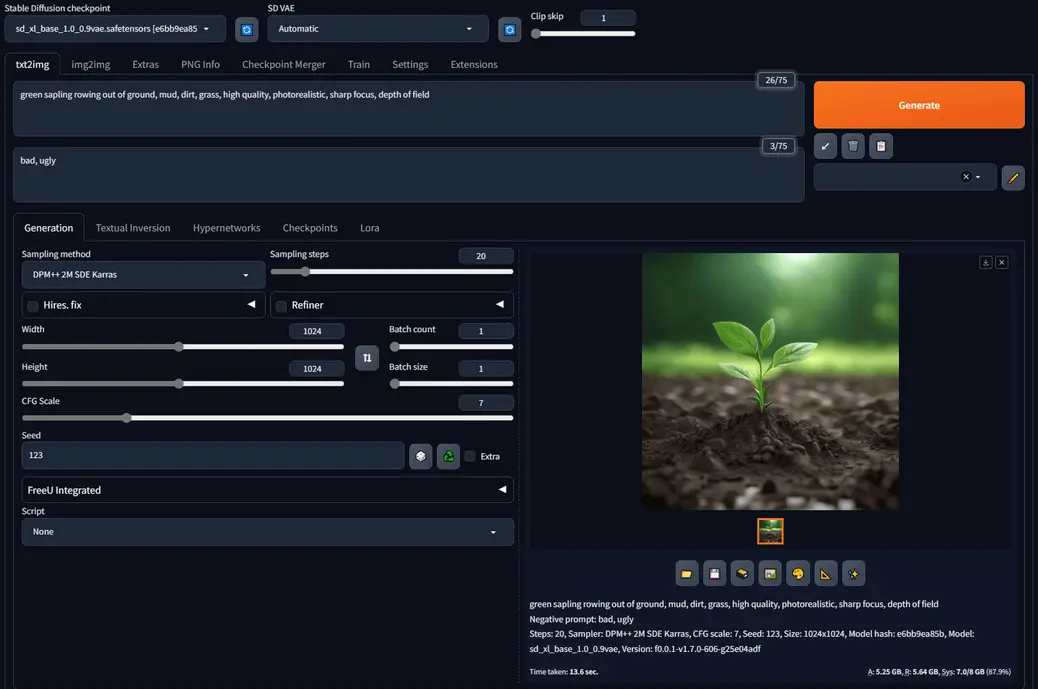 Stable Diffusion WebUI Forge interface showing the familiar A1111-style layout with the added VRAM and speed indicator bar