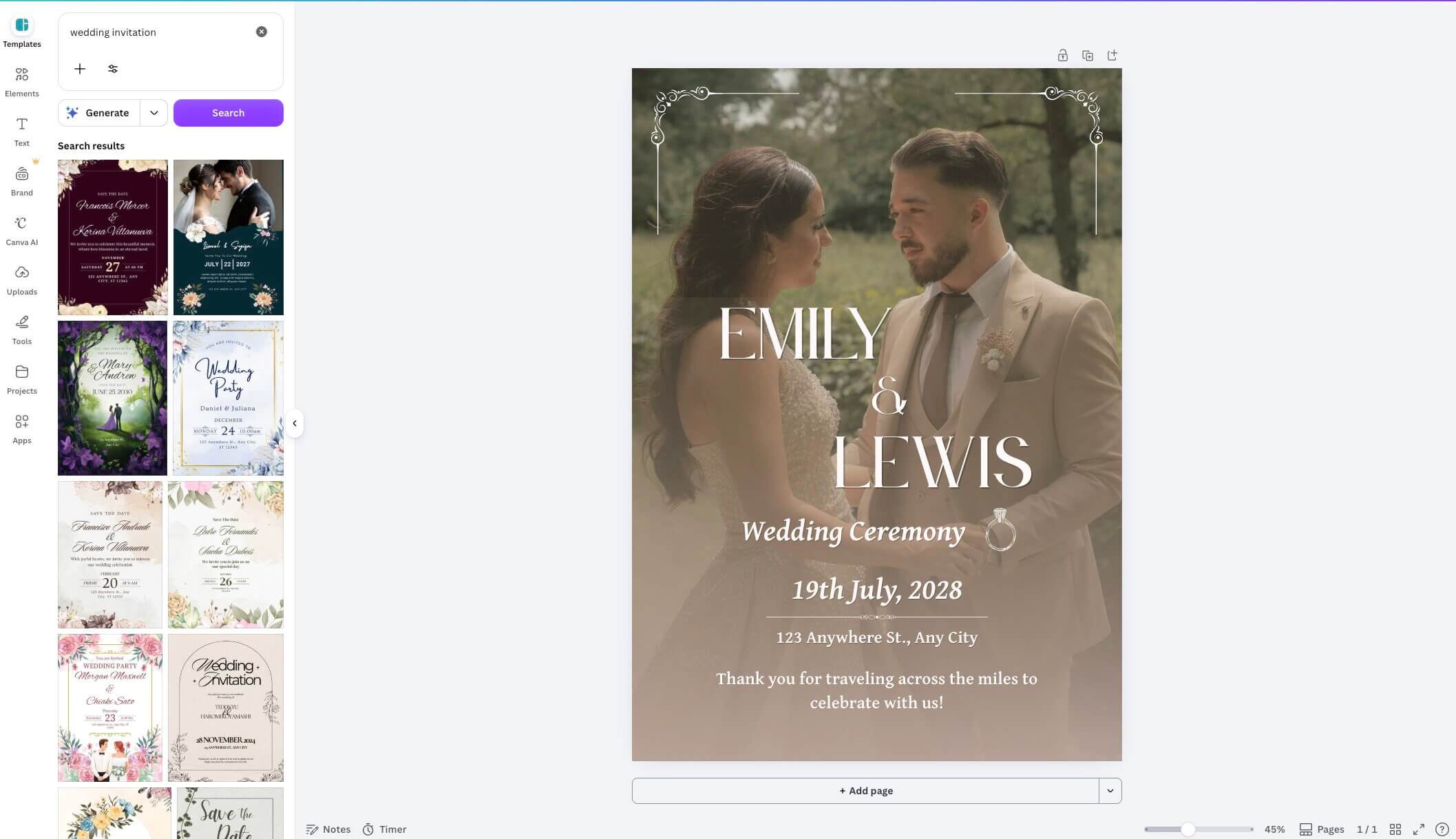 A matching wedding stationery suite made in Canva — invitation, RSVP card, seating chart, and welcome sign