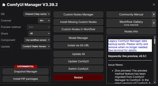 ComfyUI Manager panel showing the "Update All" button — required before running the character consistency workflow
