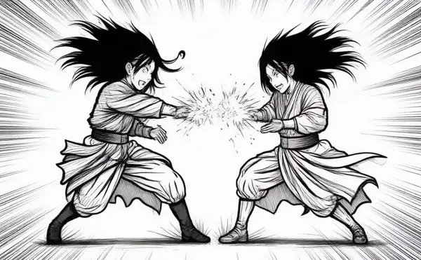 ChronoEdit output: sketch converted to black-and-white Japanese anime fight scene with manga inking