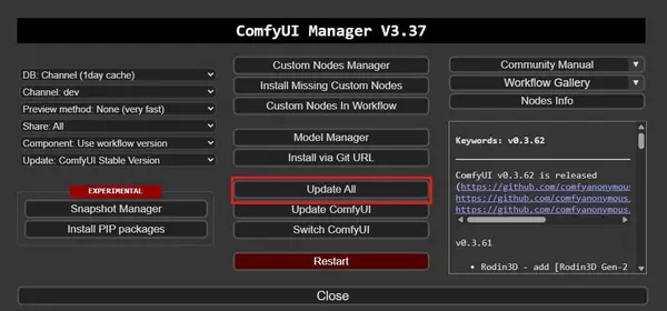 ComfyUI Manager showing the Update ComfyUI and Update All buttons for updating nodes before running FLUX.2 workflow