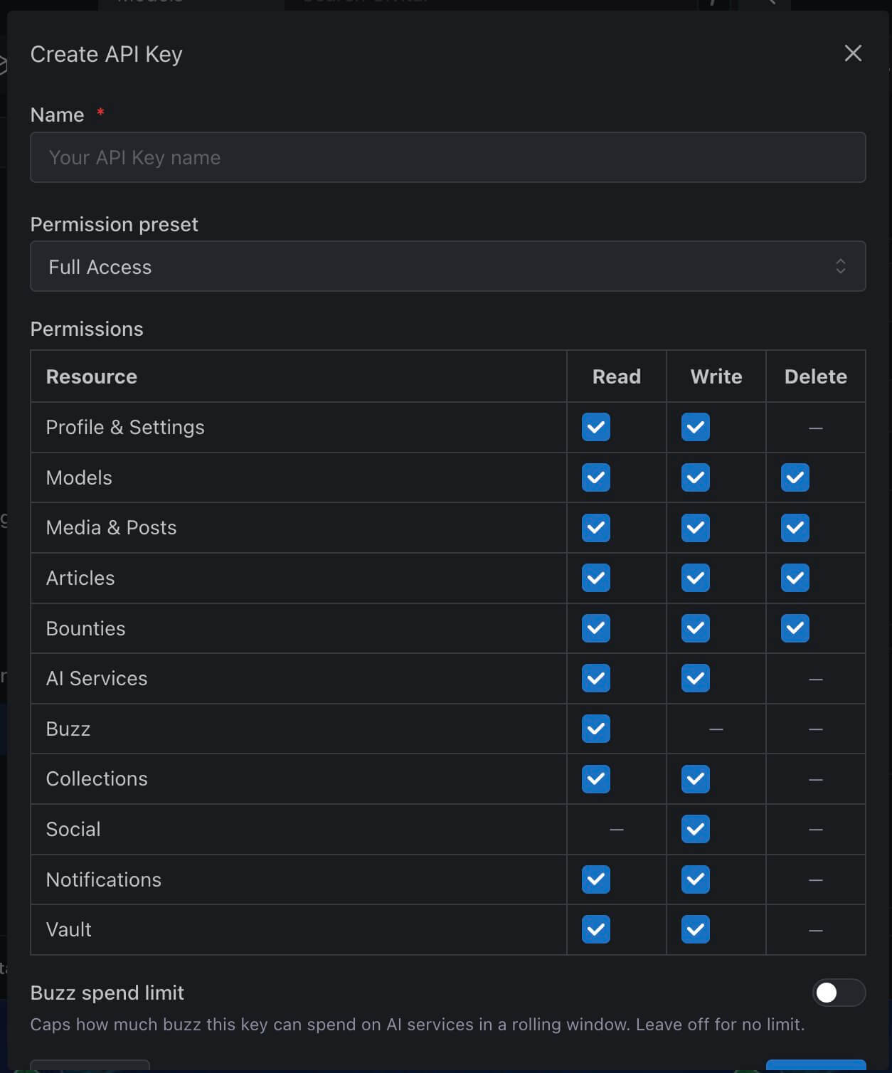 The API Keys section of Civitai account settings with the key value blurred