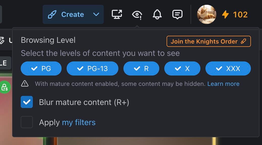 The browsing-level setting in Civitai account settings with mature content turned off