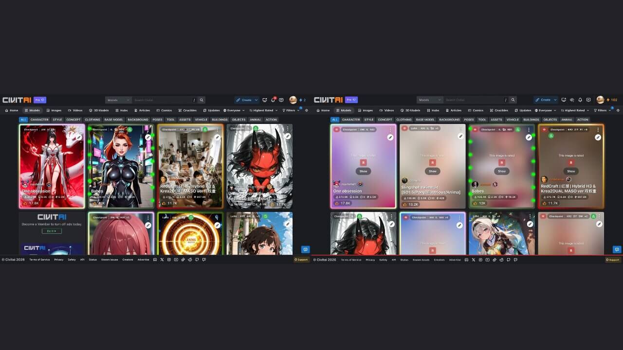 The civitai.com and civitai.red homepages side by side at the safe browsing level