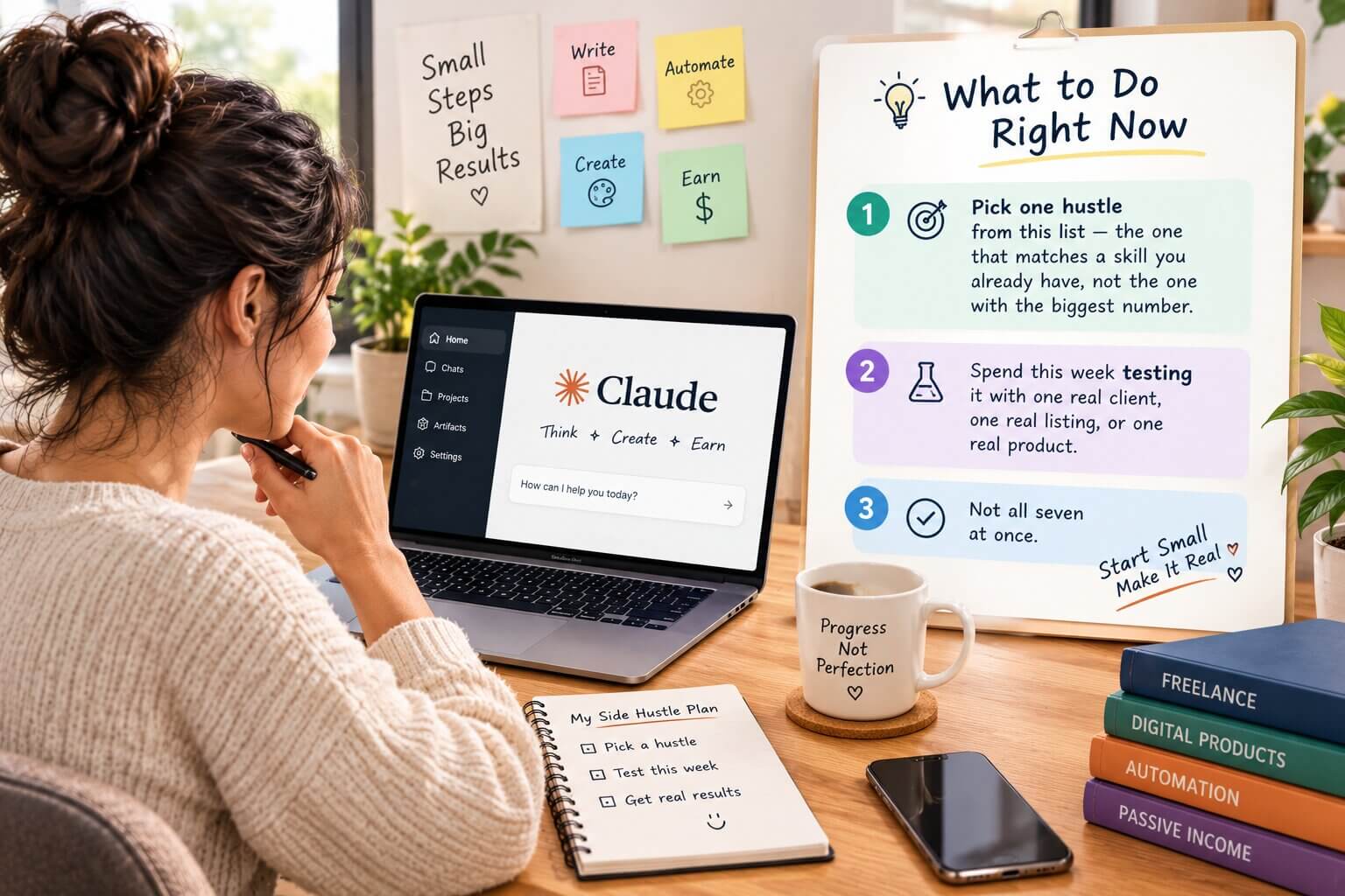 A simple checklist showing the first step to start a Claude AI side hustle this week
