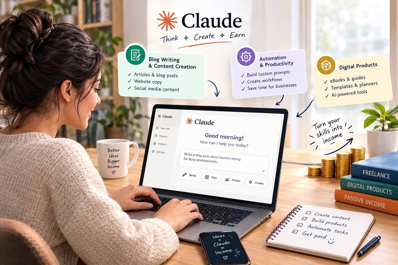 Illustration of a person using Claude AI on a laptop to earn money through writing, automation, and digital products