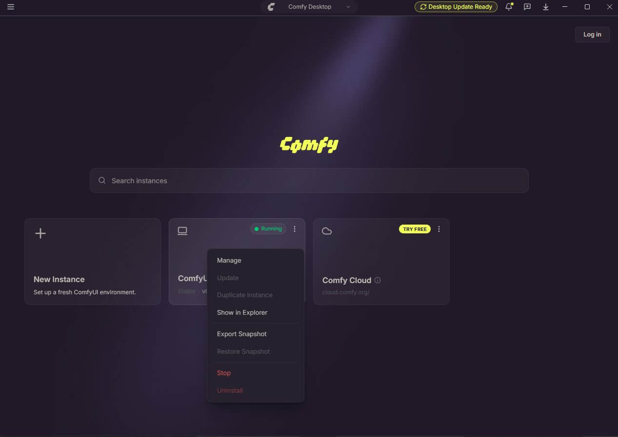 Comfy Desktop Chooser view with one card for each ComfyUI instance