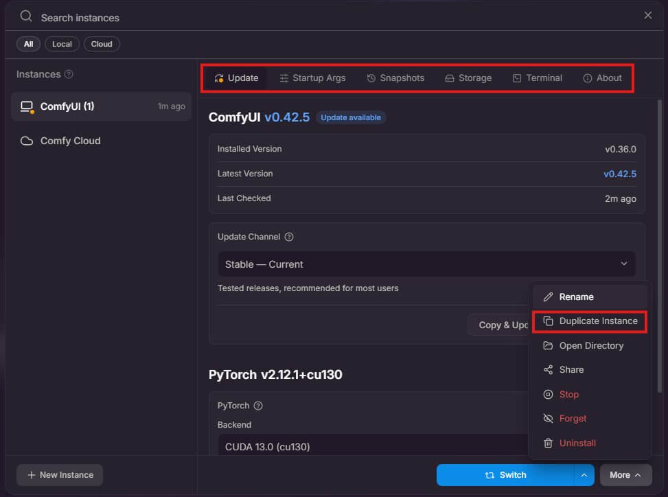 Comfy Desktop Manage panel with Duplicate Instance, Export Snapshot and Restore Snapshot options
