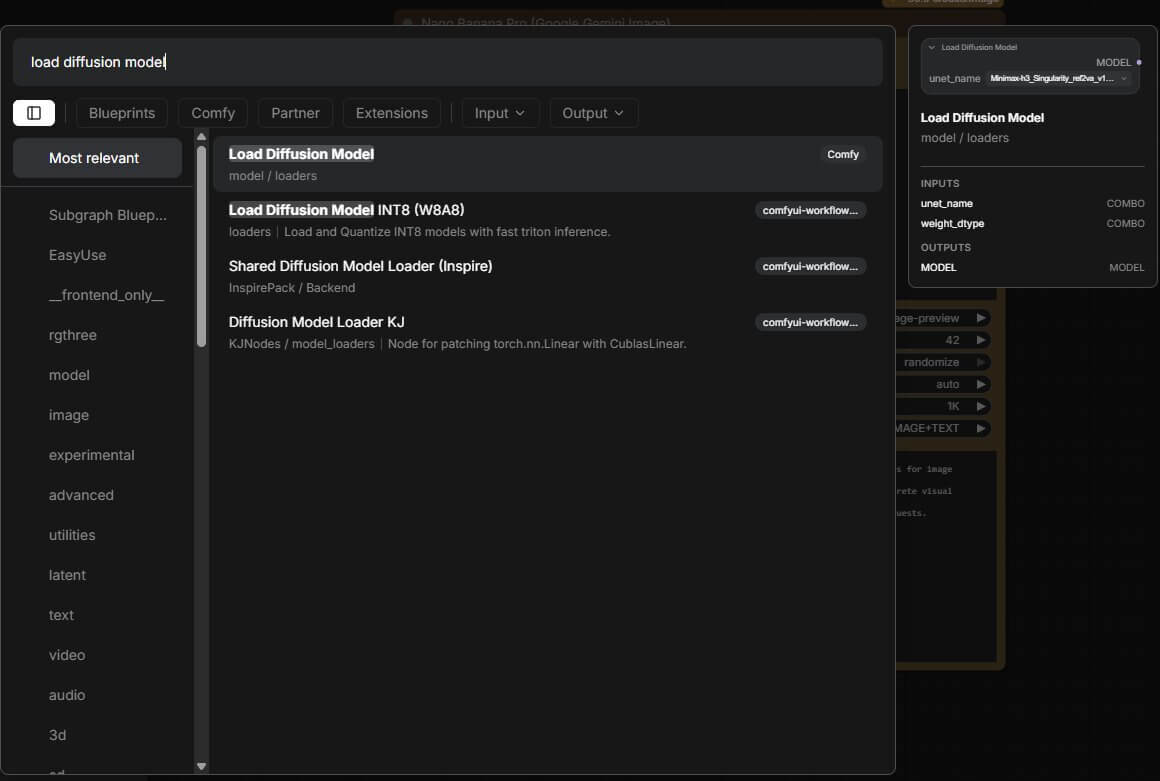 Load Diffusion Model node with an int8_convrot file selected in the dropdown