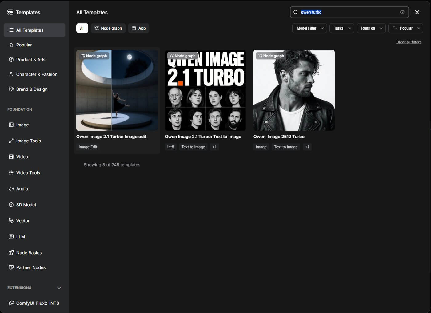 ComfyUI Browse Templates window with the Qwen Image 2.1 Turbo templates listed