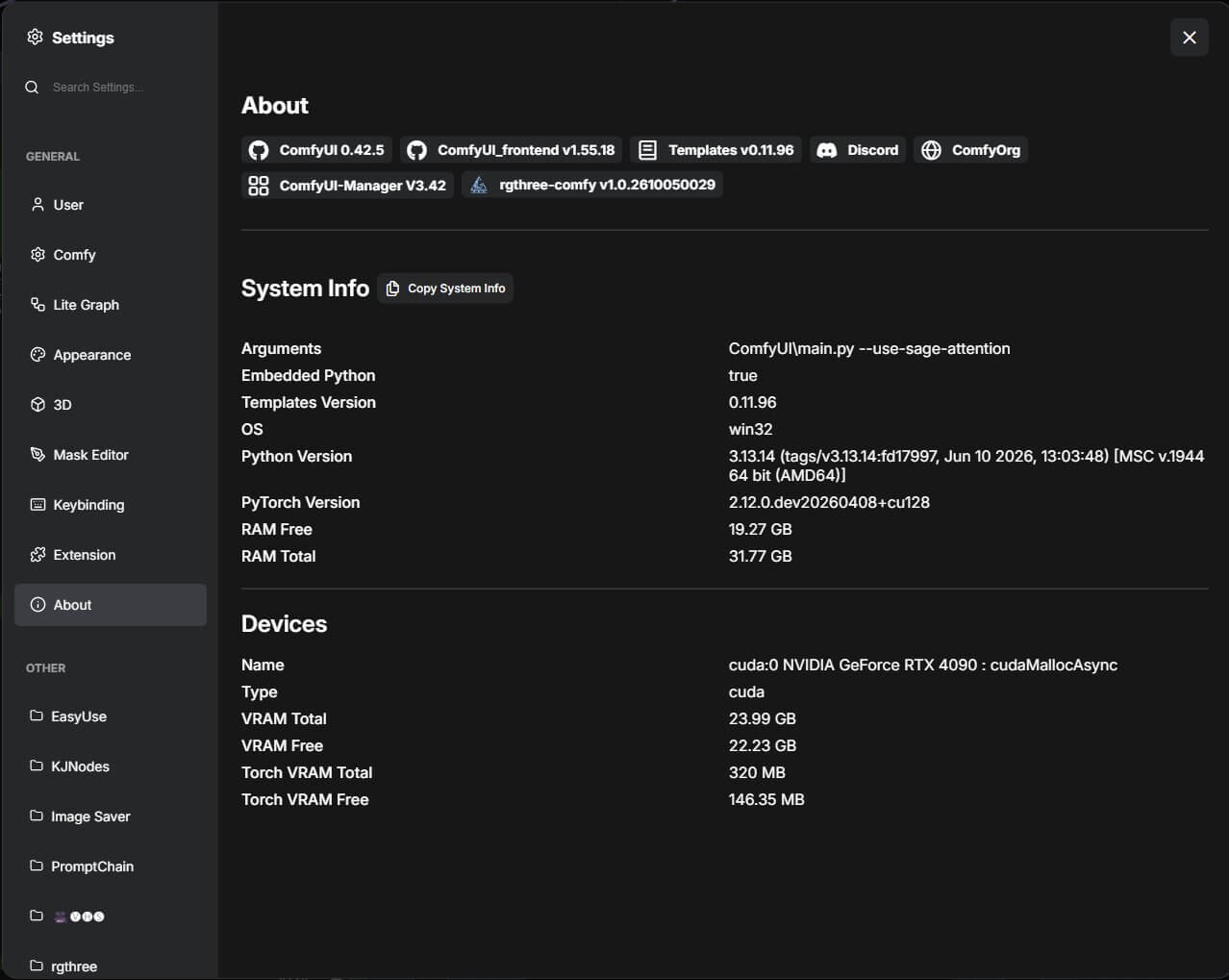 ComfyUI Settings dialog with the About tab open, showing the ComfyUI version number