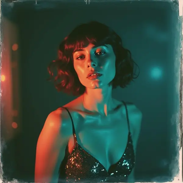 FLUX checkpoint model output — cinematic Polaroid-style photograph of a woman in a dimly lit bar, generated in ComfyUI