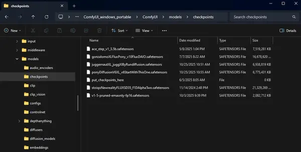 ComfyUI models/checkpoints folder showing downloaded .safetensors checkpoint files placed correctly