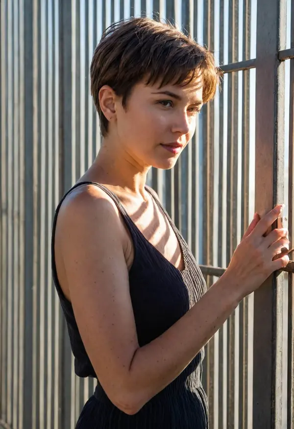 SDXL Turbo checkpoint model output — portrait of a woman touching a metal fence, generated in 1-2 steps in ComfyUI