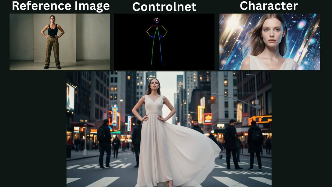 Character consistency example in ComfyUI ControlNet — same character maintained across different poses using reference style