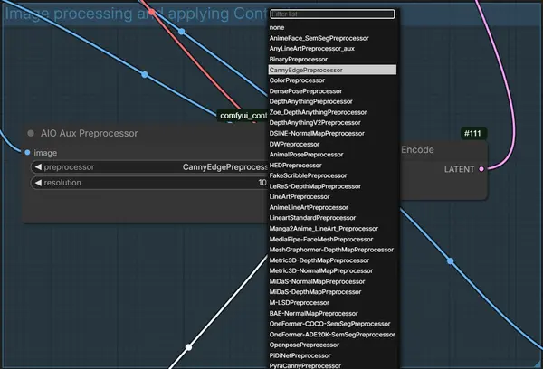 ComfyUI AIO Aux Preprocessors node — selecting between OpenPose, Canny, Depth, and HED preprocessors for ControlNet