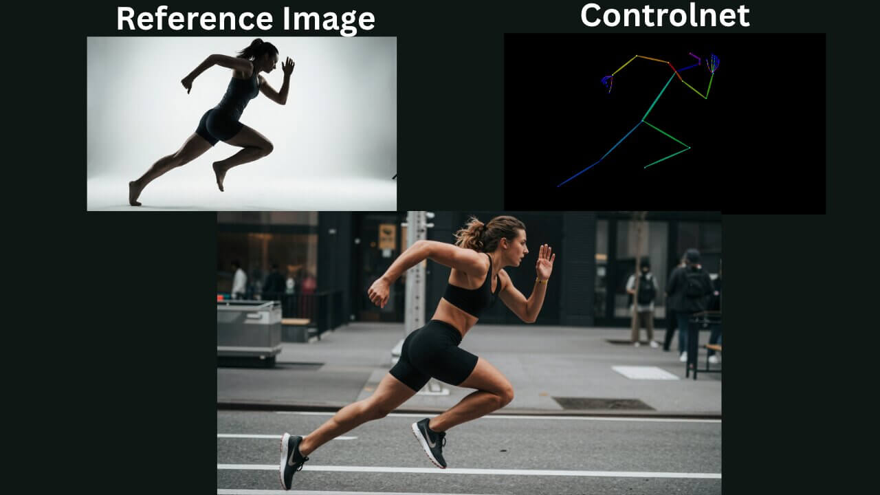 OpenPose ControlNet preprocessor output — skeletal body pose map extracted from a reference image in ComfyUI