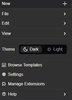 ComfyUI icon dropdown menu showing workspace, file, edit, view, theme, settings, and extensions options