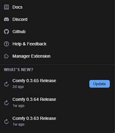 ComfyUI help and docs icon in the bottom toolbar opening the documentation panel