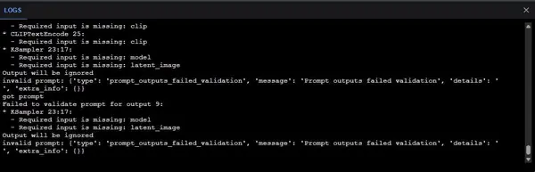 ComfyUI logs panel showing real-time server output including model loading messages and generation progress
