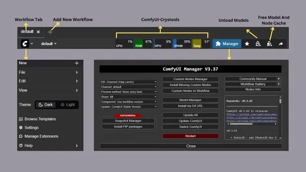 ComfyUI menu bar showing the main menu options including workflow tabs, the ComfyUI icon menu, and settings