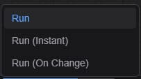 ComfyUI run mode options showing Run Once, Instant Run (continuous), and Run On Change dropdown options