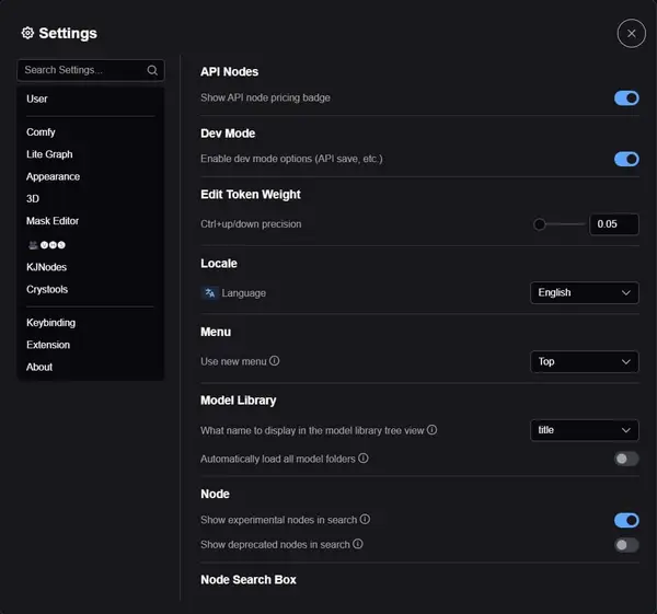 ComfyUI settings panel showing language selection under Comfy > Locale, and Use New Menu toggle under Comfy > Menu